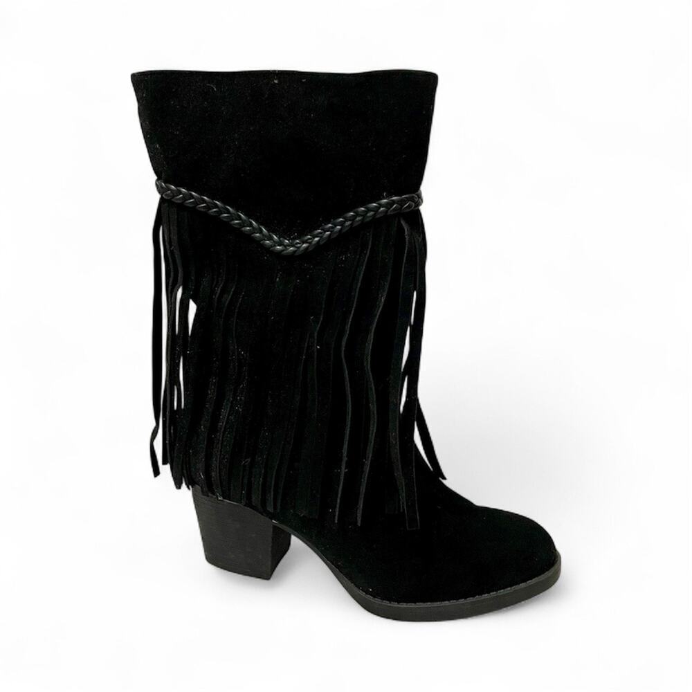 Corkys Sioux Boots Women Size 7 Black Fringe Boho Hippie Faux Suede 2” Heel